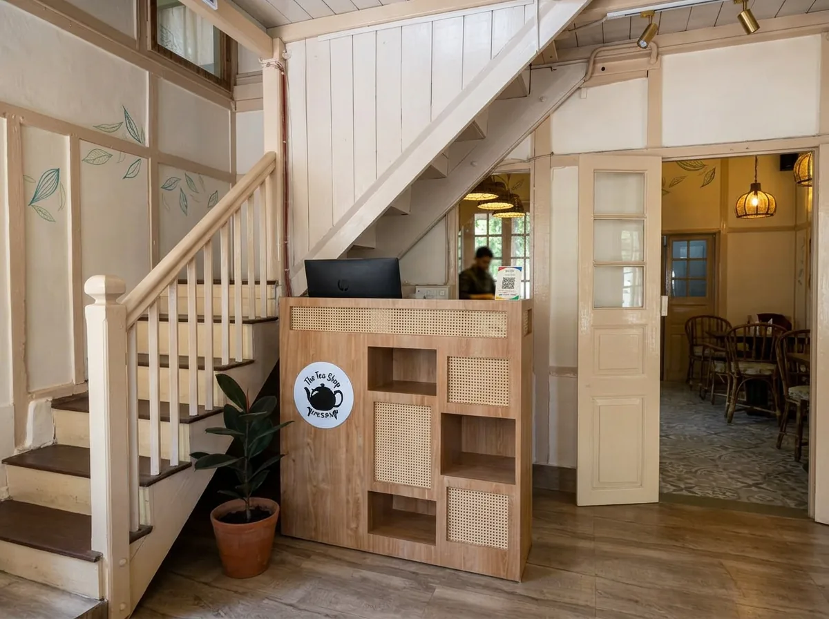 The reception desk built beneath the staircase, with cane-panel storage and a potted plant